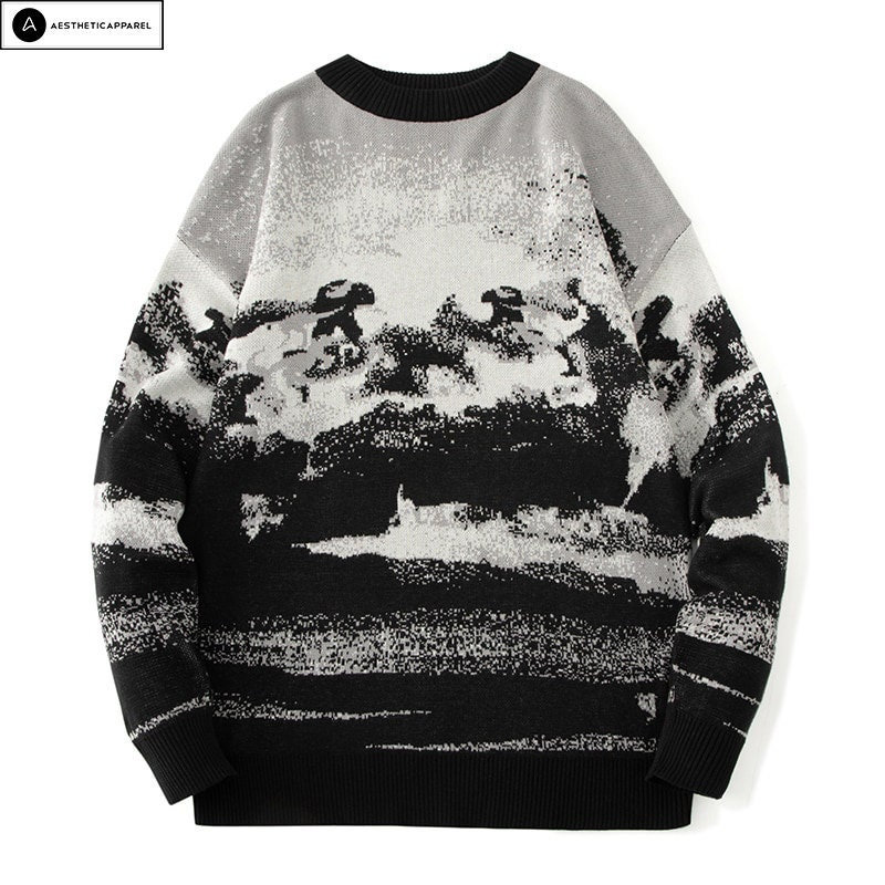Unisex Y2K Hip Hop Gray Sweater - Flame-Smoke Knit Pattern