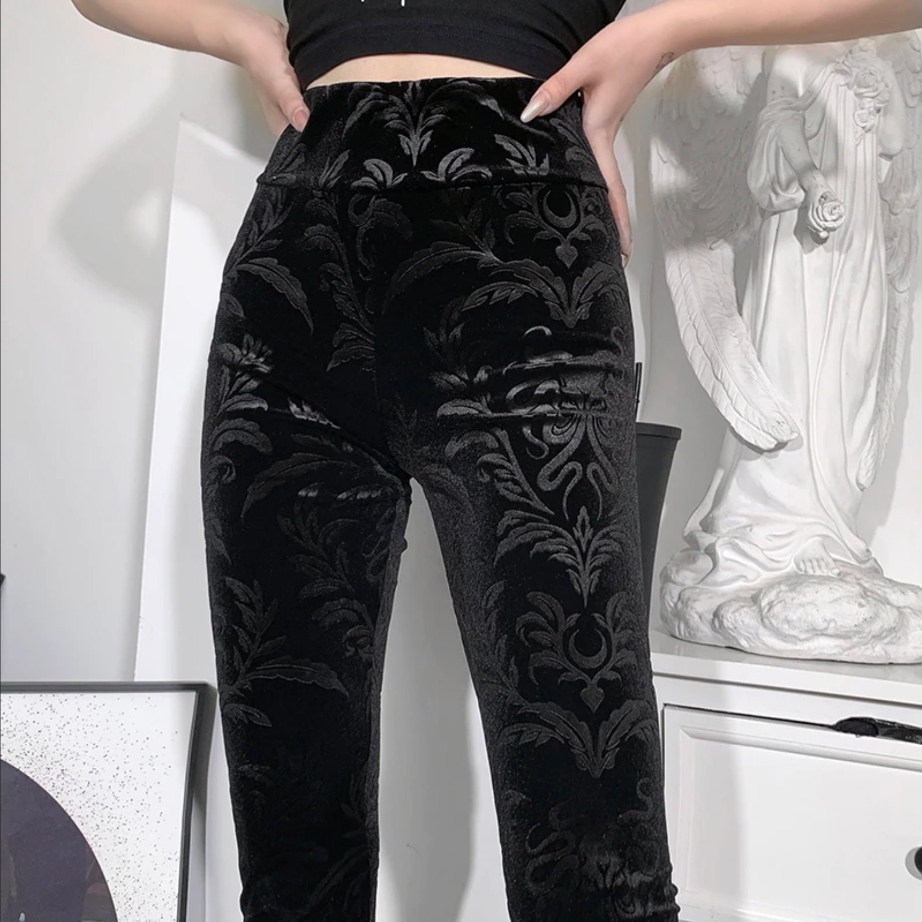 Vintage Black Floral Pattern Slim Fit Gothic Pants
