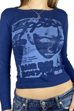 Vintage Blue Crop Top - 90s Women's Long Sleeve T-Shirt