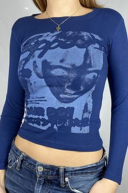 Vintage Blue Crop Top - 90s Women's Long Sleeve T-Shirt