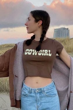 Vintage Brown Cowgirl Crop Top - Y2K Clothing