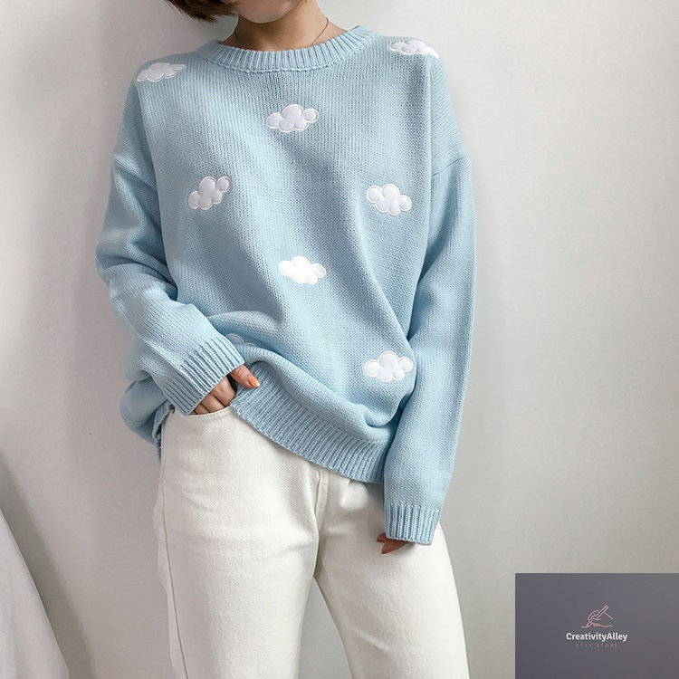 Vintage Cloud Embroidery Knitted Sweater - Y2K Clothing
