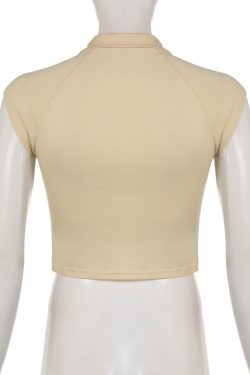 Vintage Khaki Patchwork Crop Tee Shirt - Y2K Summer Casual Top