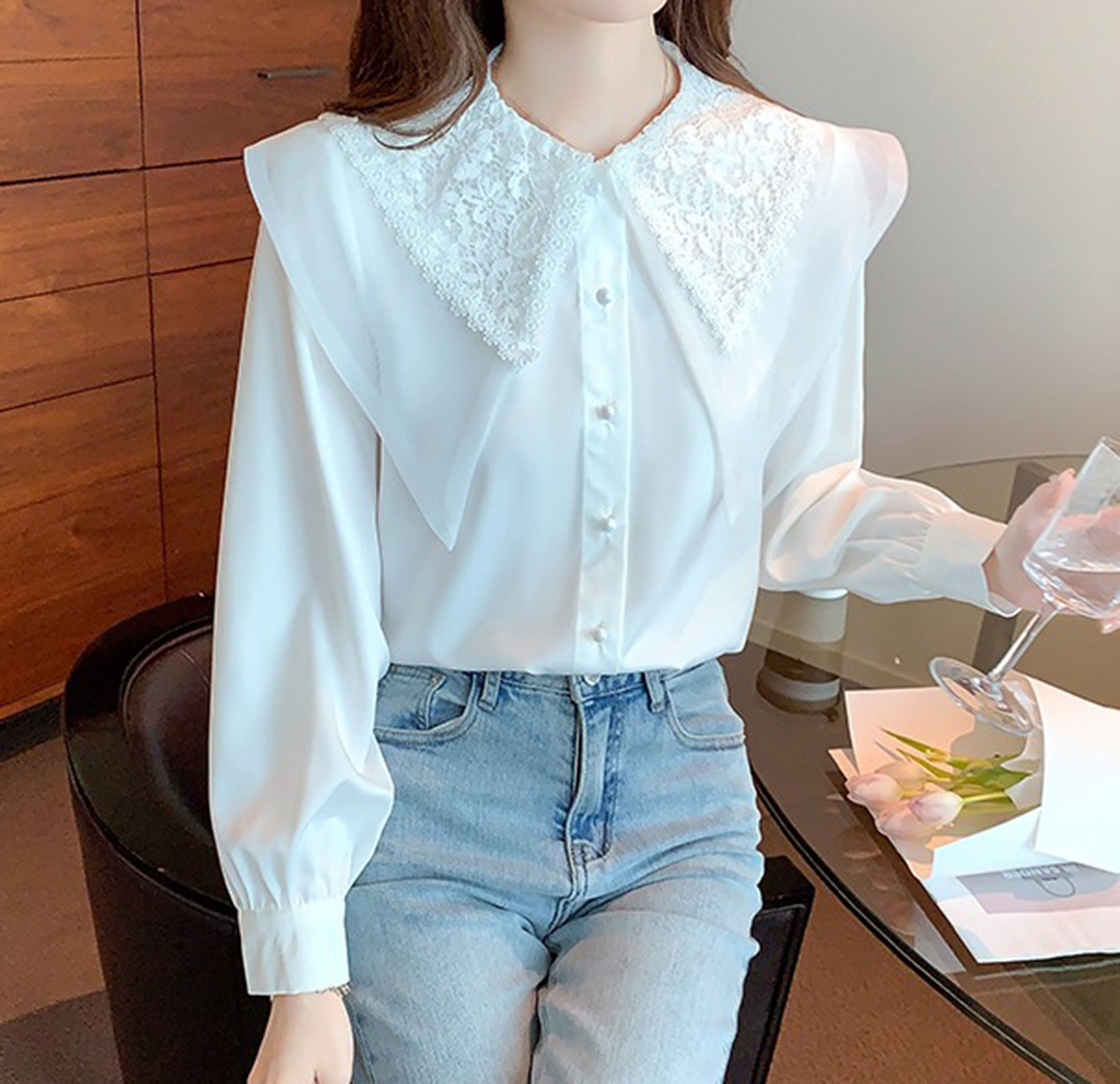 Vintage Lace Collar Blouse - Elegant Spring Office Shirt