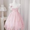 Vintage Pink Lolita Dress with Lace Ruffles and Floral Accents