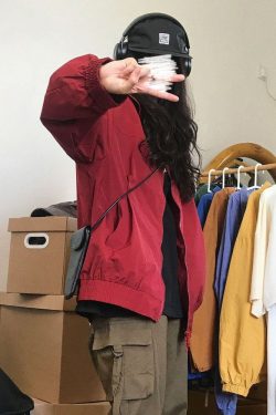 Vintage Red Bomber Jacket | Y2K Streetwear | Zip Up Hoodies