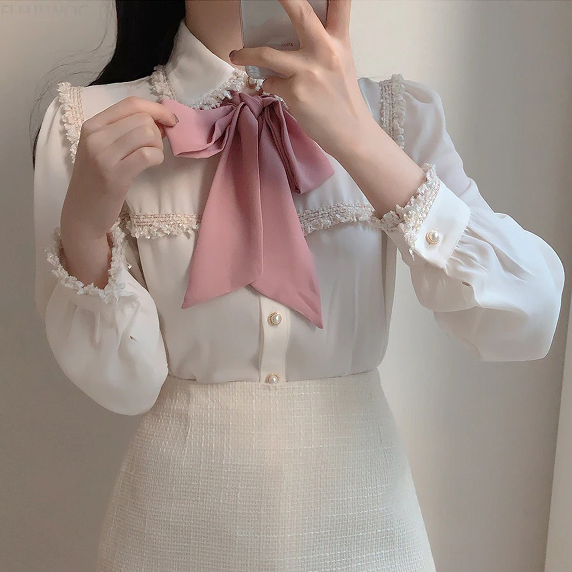 Vintage White Bow Tie Blouse - Elegant Y2K Clothing for Women