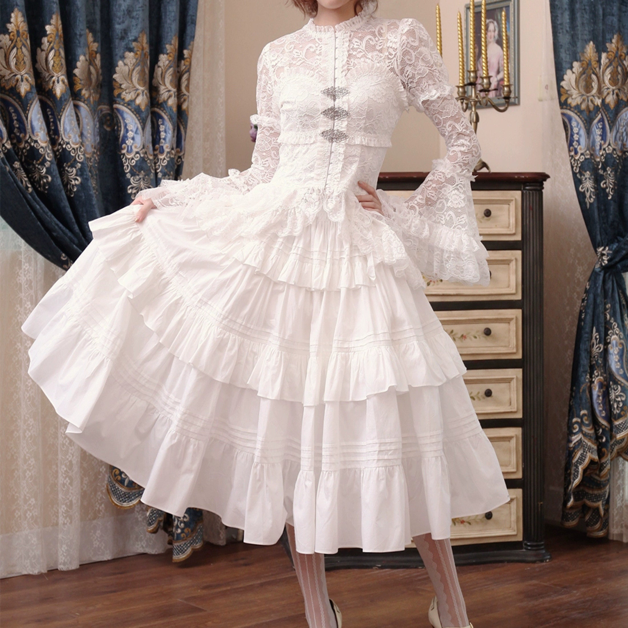 White Lace Shirt with Ruffle Skirt Vintage Tea Party Dress
