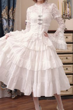 White Lace Shirt with Ruffle Skirt Vintage Tea Party Dress