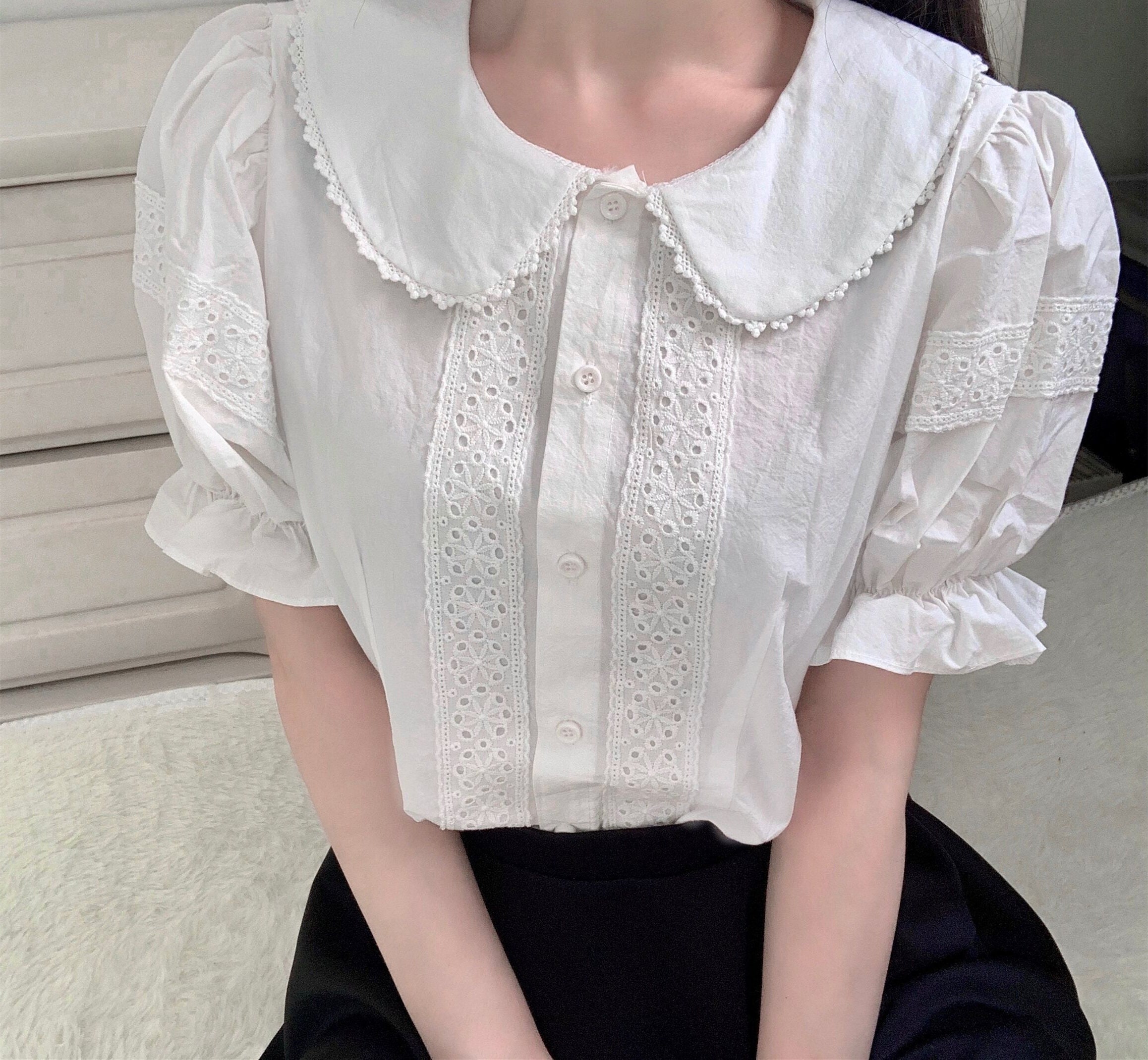 White Lolita Blouse - Short Sleeve Fairy Victorian Women's Top