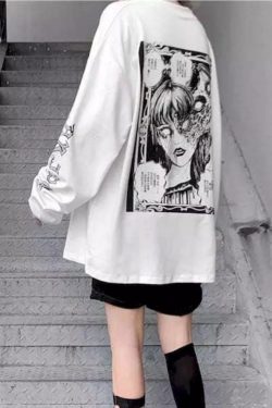 White Punk Long Sleeve Anime Sweatshirt - Y2K Aesthetic