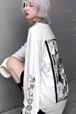 White Punk Long Sleeve Anime Sweatshirt - Y2K Aesthetic