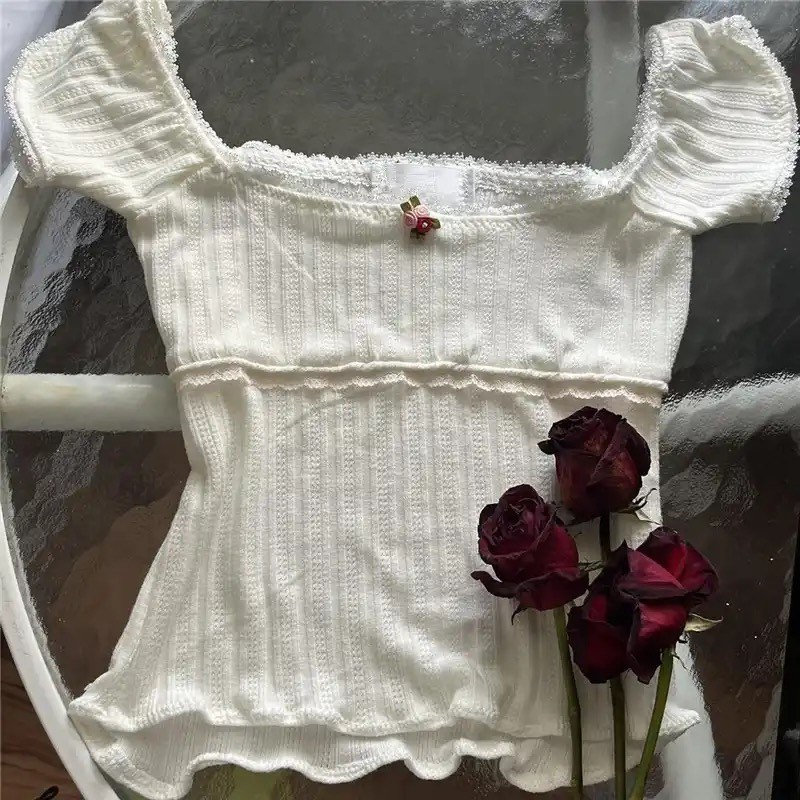 White Rose Coquette cotton top - Y2K Clothing Fashion