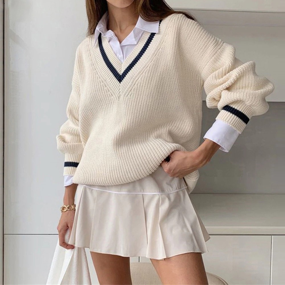 White Striped Long Sleeve Pullover Sweater - Y2K Fashion