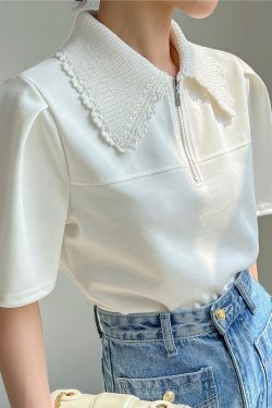 Women's Elegant Half Zip Blouse - Y2K Cotton Retro T-Shirt
