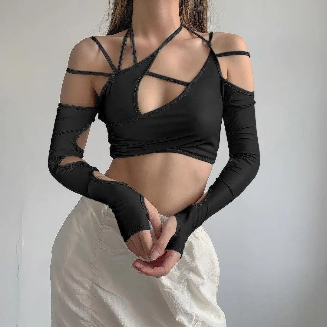Women's Gothic Halter Backless Crop Top - Y2K Clothing