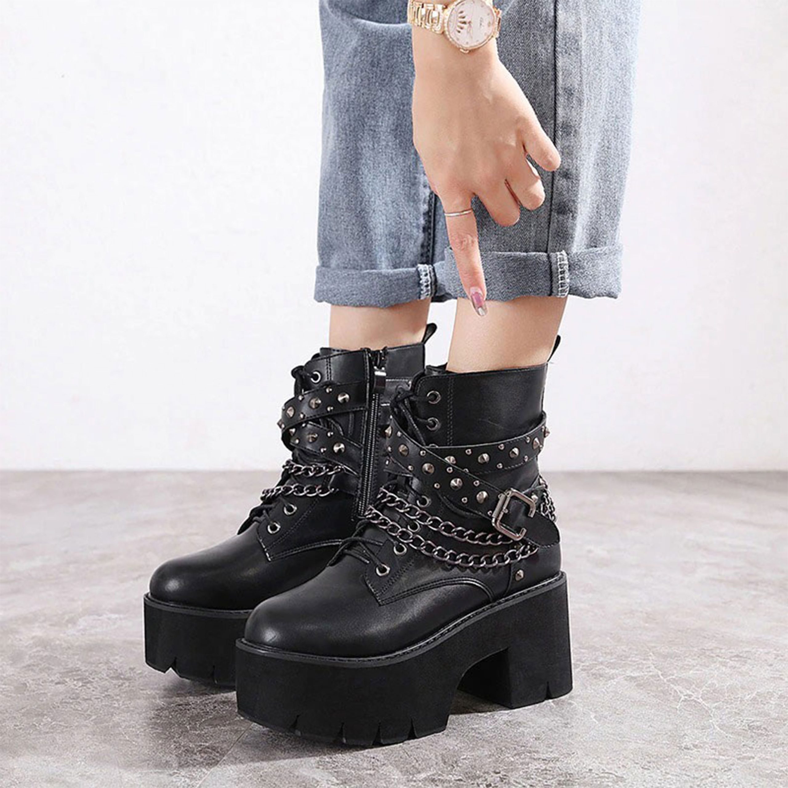 Women's Gothic Platform Boots Lace Up Chunky Heels Motorcycle Biker