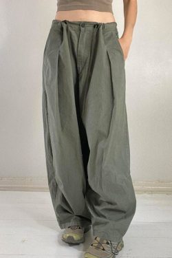 Women's Harajuku Cargo Baggy Pants - Y2K Streetwear Green Folds