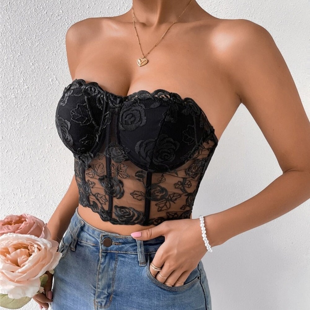 Women's Sexy Rose Embroidered Lace Tube Top, Slim Fit Bustier Croptop