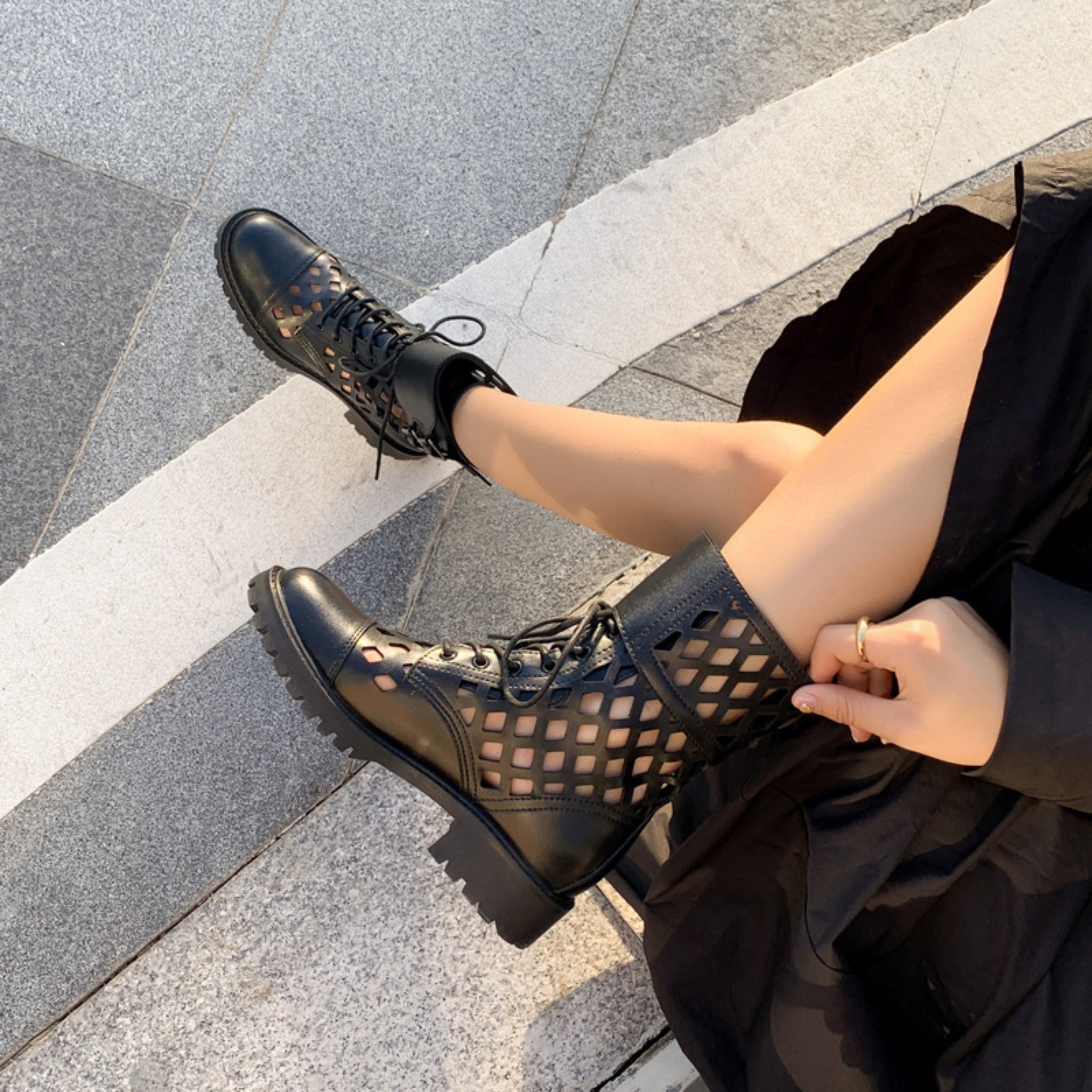 Women's Strappy Sandals - Y2K Diamond Cutout Mesh Martin Boots