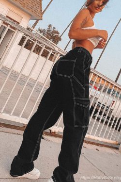 Women's Striped Wide-Leg Streetwear High Waist Jeans, 90s Black