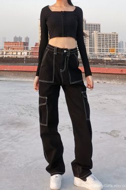 Women's Striped Wide-Leg Streetwear High Waist Jeans, 90s Black