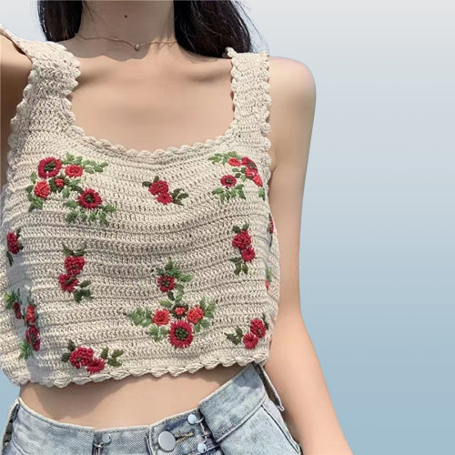 Women's Y2K Crochet Knitted Top - Embroidered Flowers & Bohemian Style