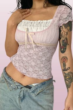 Women's Y2K Lace Milkmaid Crop Top Bow T-Shirt