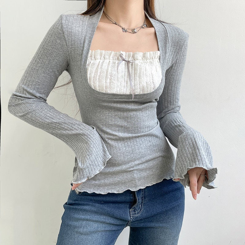 Women's Y2K Lace Patchwork Tee Shirt - Gray Slim Fit