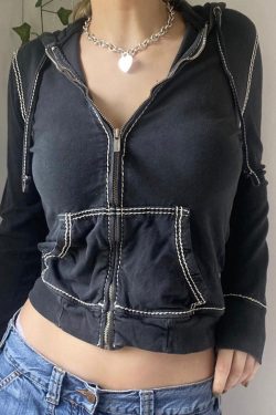 Women's Y2K Long Sleeve Crop Top with Pockets & Zipper Hooded Jacket