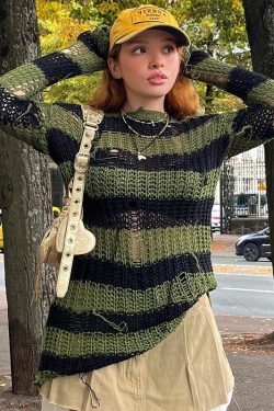 Women's Y2K Retro Grunge Striped Print Sweater - Crochet & Knit