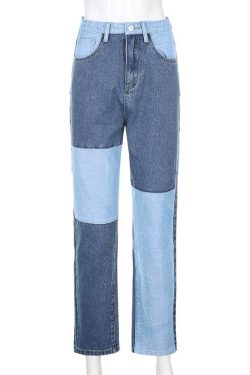 Women's Y2K Streetwear Patchwork Jeans - 90s Harajuku Aesthetic