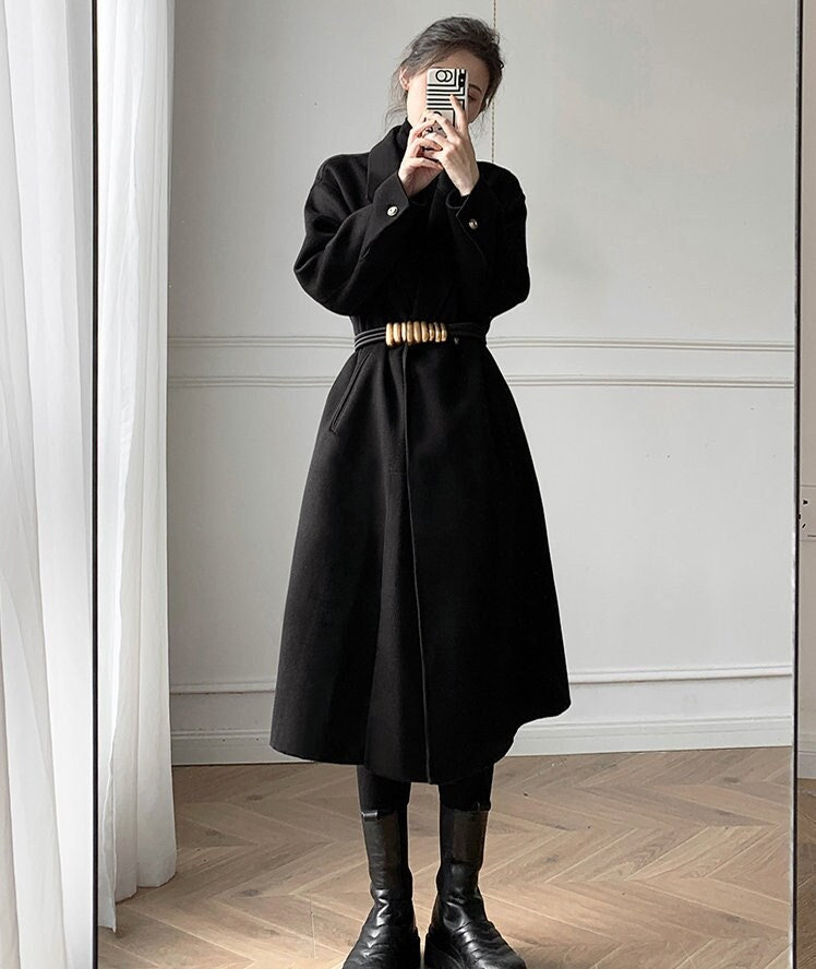 Y2K Aesthetic Black Long Wool Fashion Coat