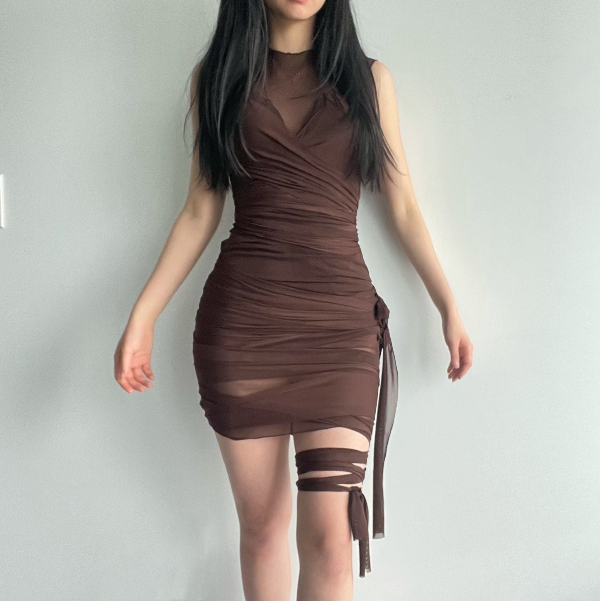 Y2K Aesthetic Brown Bodycon Wrap Dress Fashion