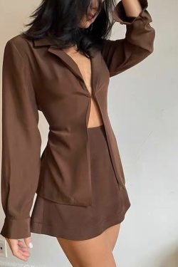 Y2K Aesthetic Brown Two-Piece Blouse and Skirt Set