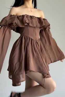 Y2K Aesthetic Flowy Brown Dress for Women