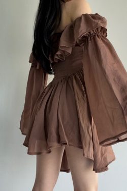 Y2K Aesthetic Flowy Brown Dress for Women