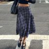 Y2K Aesthetic Striped Plaid Midi Skirt with Buckle