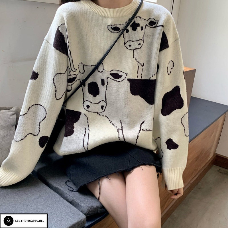 Y2K Animal Print Cow Sweater - Beige Knit Vintage Harajuku Sweatshirt
