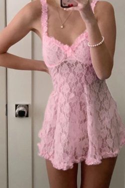 Y2K Baby Pink Lace Slip Dress Aesthetic Fashion