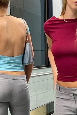 Y2K Backless Short Sleeve Slim Crop Top for Women