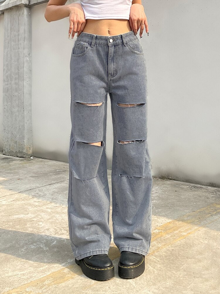 Y2K Baggy Wide Leg Ripped Jeans - Harajuku Fashion