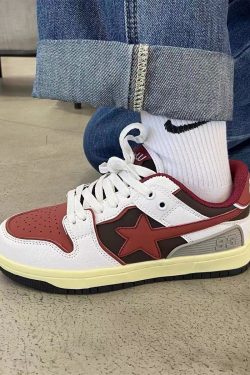 Y2K Bape Star Platform Sneakers - Red & White