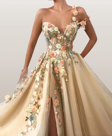 Y2K Beige Bridal Floral Prom Dress Gown Floor-Length Formal