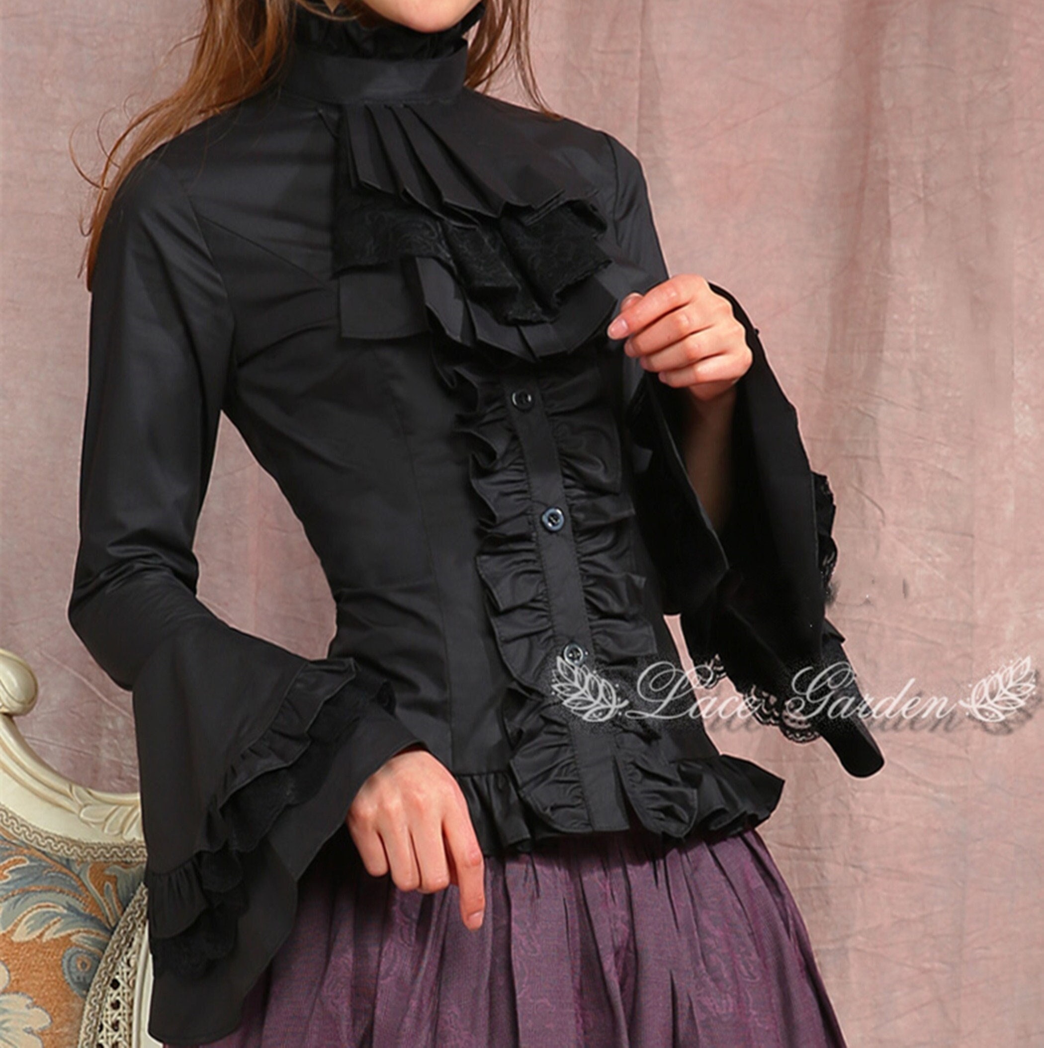 Y2K Black & White Cotton Lolita Shirt with Flared Sleeves