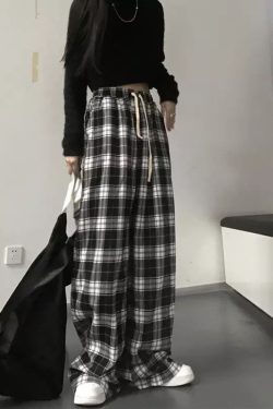 Y2K Black & White Plaid Trousers - Retro Checkered Pants for Fashionable Women