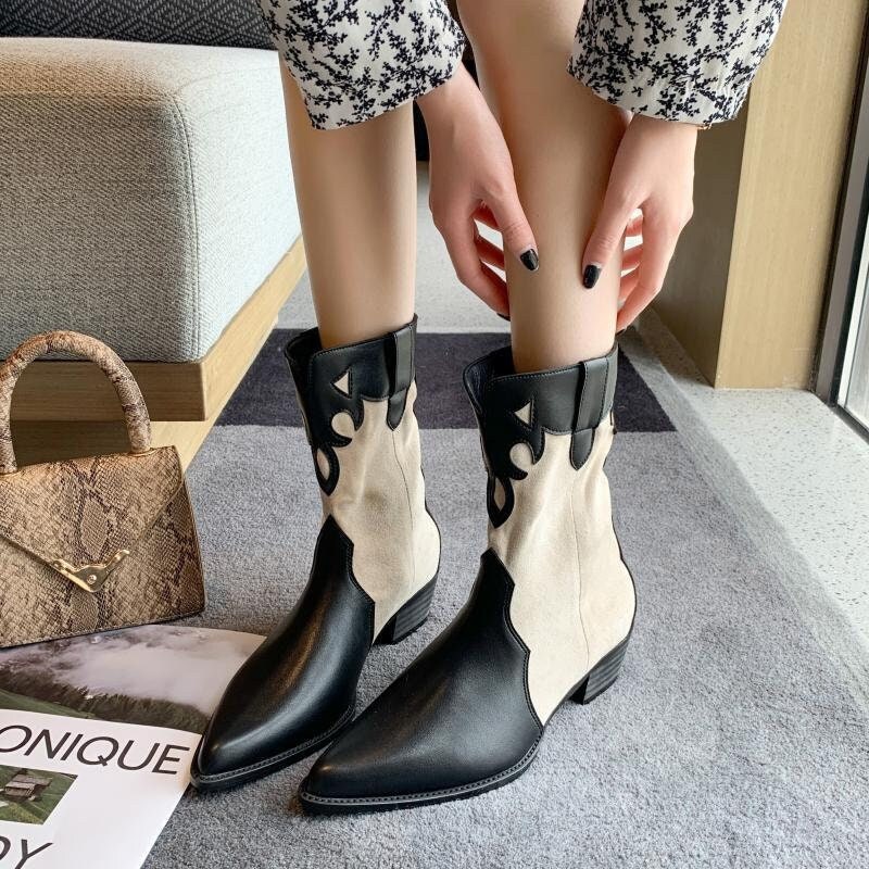 Y2K Black and White Western Cowboy Boots Fashion