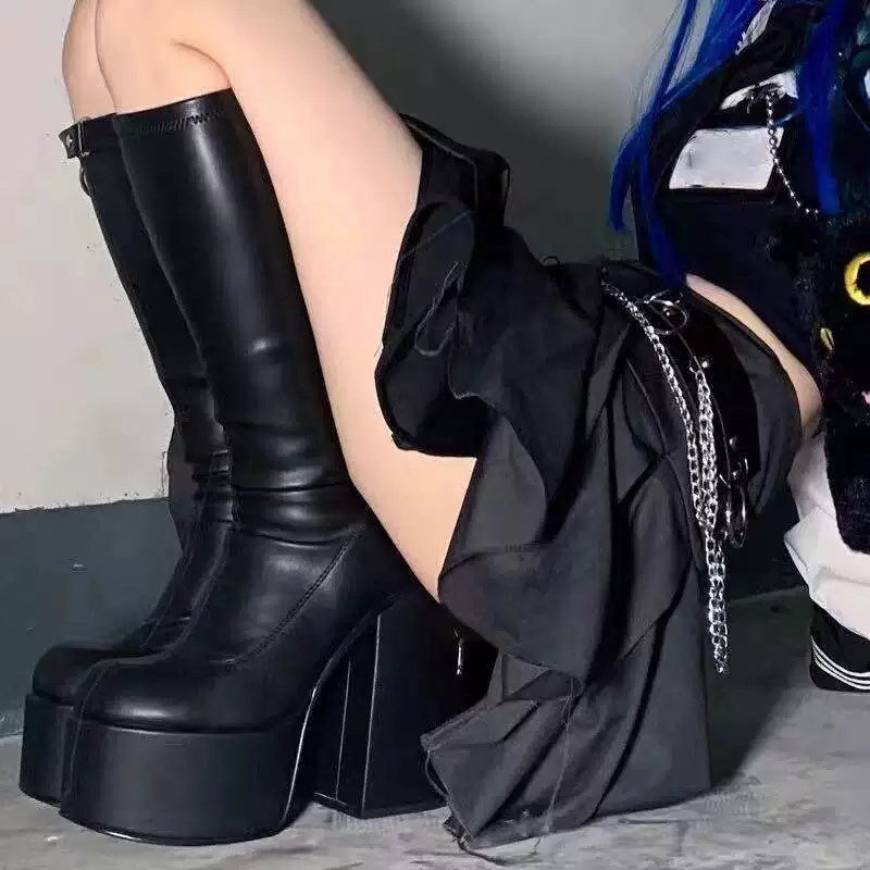 Y2K Black Chunky Devil Platform Boots Fashion