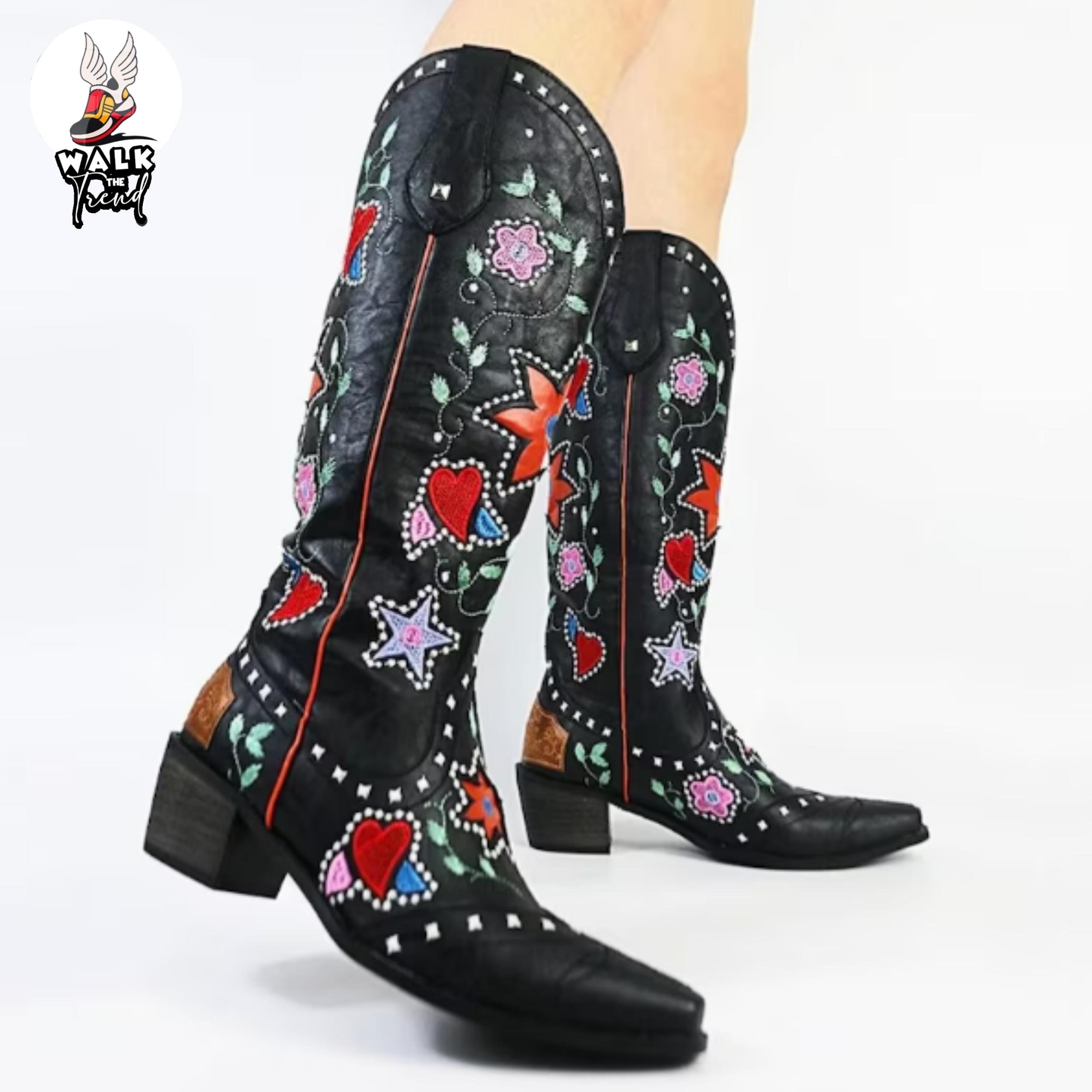 Y2K Black Cowboy Boots - Premium PU Leather Knee High Western Boots