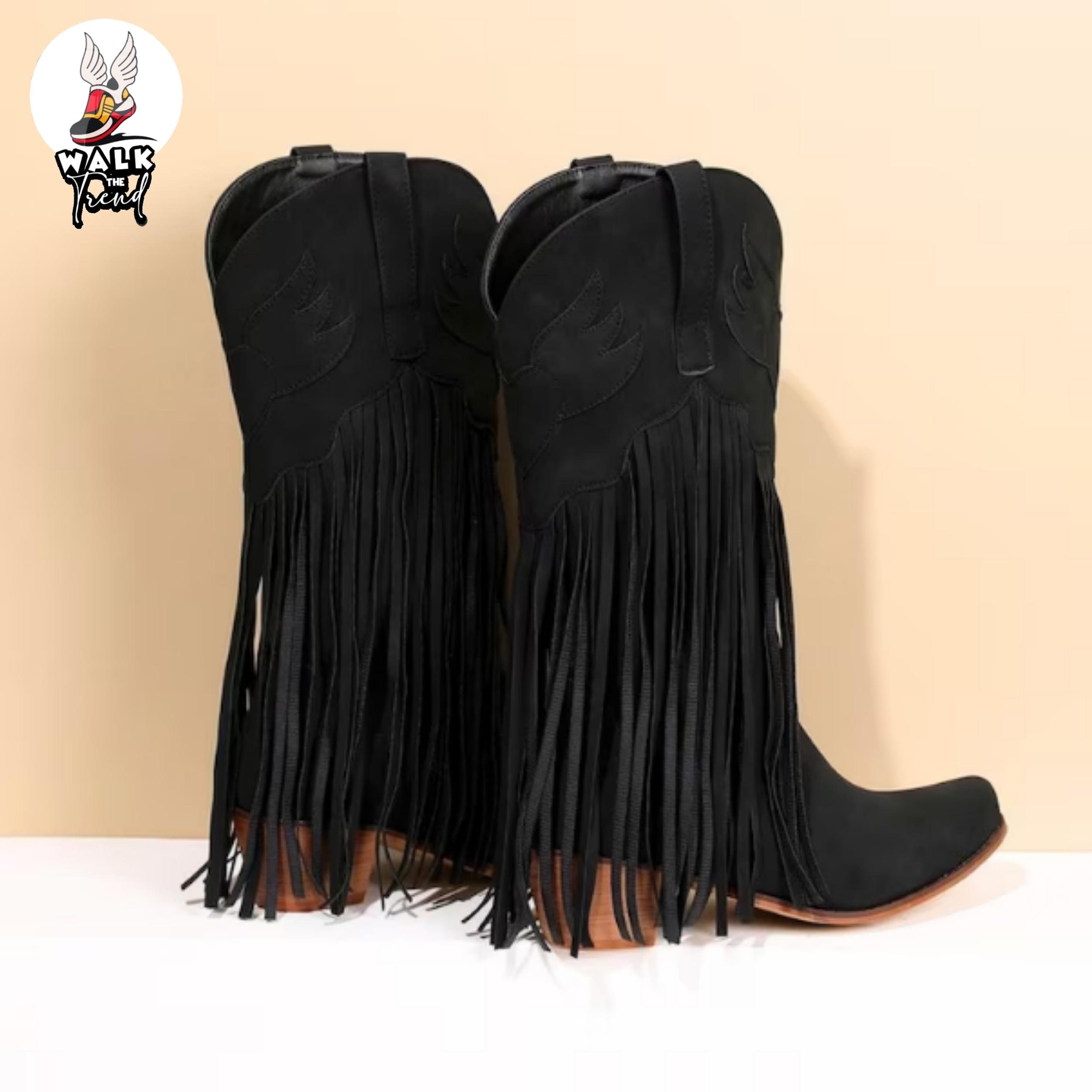 Y2K Black Cowboy Boots - Square Heel Embroidered High Heels